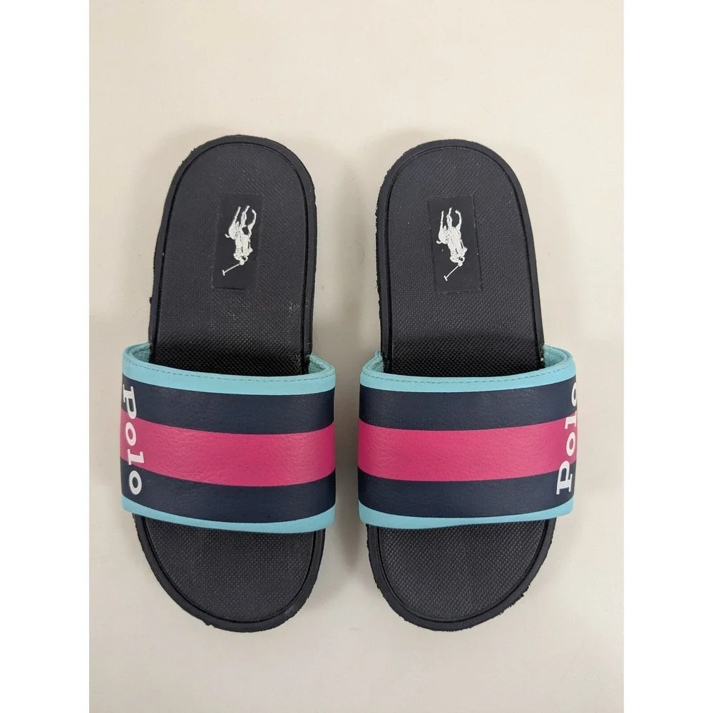 Polo Ralph Lauren Girls Kids Slide Flip Flop Sandals sz 1 Youth Blue Pink Stripe